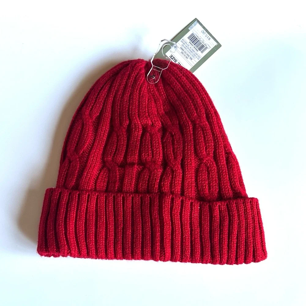 Goodfellow & Co Deep Red Fleece-Lined Cable Knit Beanie Winter Hat